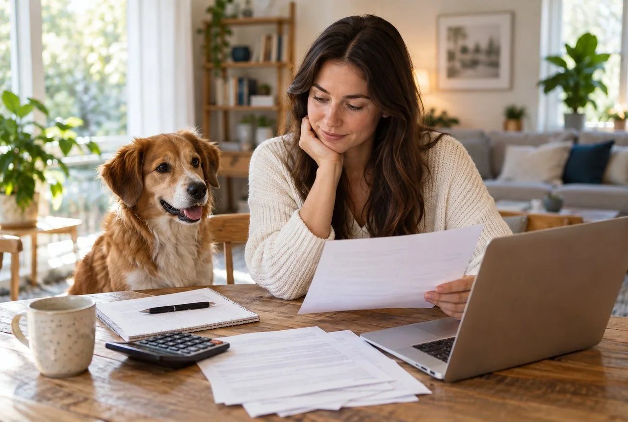 Owner considering documents beside a golden-colored dog and a laptop
