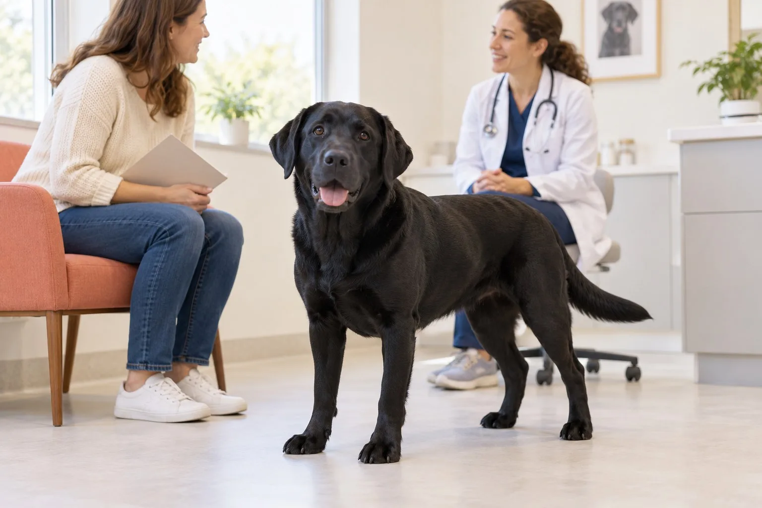 Veterinarian and owner consulting beside a black Labrador-like dog